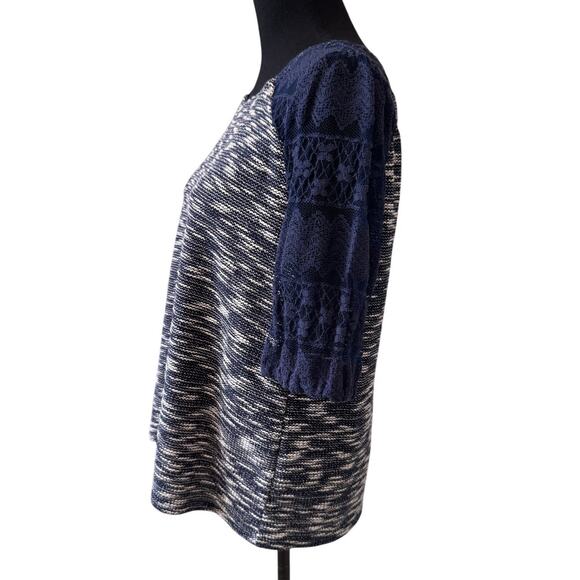 New ANTHROPOLOGIE Women's Navy Postmark Patel Tweed Lace Sleeve Top Size L - Picture 5 of 9